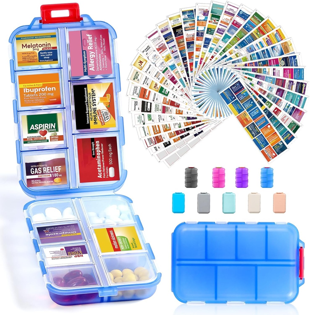 14 Grids Travel Pille Organizer Box med 415-Pcs Medisin Navn etiketter - Pocket Daily Pharmacy Case Container Kit - Reisemedisinholder Dispenser for Fish Oil Vitamin Supplerende Oppbevaring - Fjern blå