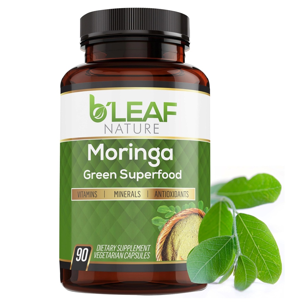 B'LEAF NATURE Organic Moringa Capsules 1000mg, 90mg – Moringa Capsules med organisk Olefeira pulver for immunstøtte, energi og balanse – Vegan, ikke-GMO kosttilskudd for daglig velvære