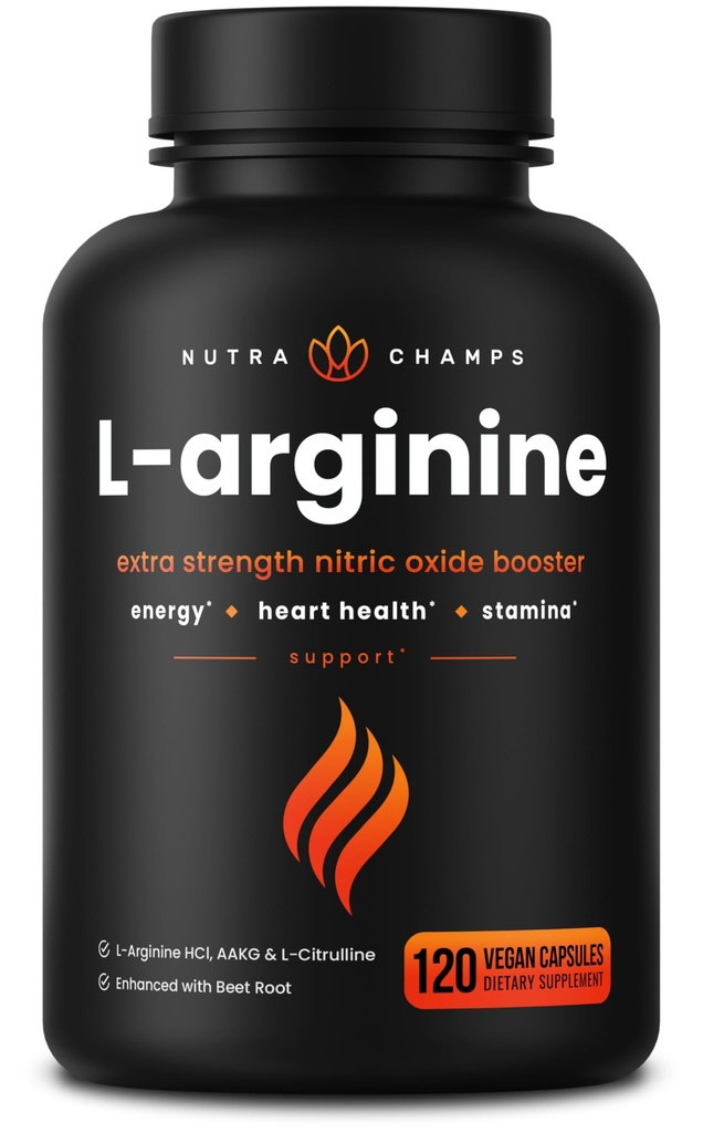 NutraChamps L-Arginin Supplement 1000mg + L-Citrulline 250mg & Beet Root - Nitric Oxid Booster for hjerte helse, energi og utholdenhet - Ekstra styrke Aminosyre kompleks - 120 Vegan Kapsler