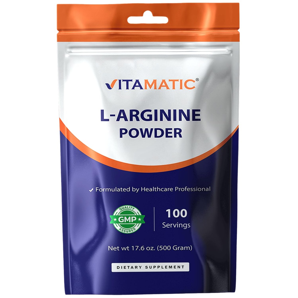 Vitamatic L-arginin ren pulver 500 gram | Unflavored | Ikke GMO | Glutenfri | Ingen tilsetningsmidler | 5000 mg per servering | 100 serveringer