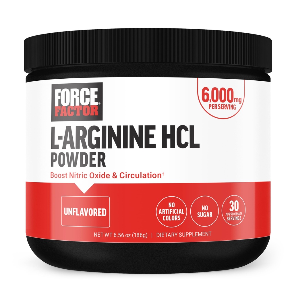 Force Factor L Arginine HCL, L-arginin Supplement til å øke nitric oksid for bedre sirkulasjon, blodflyt og muskelpumper, L Arginine pulver 6000mg, uovertruffen, 30 serveringer
