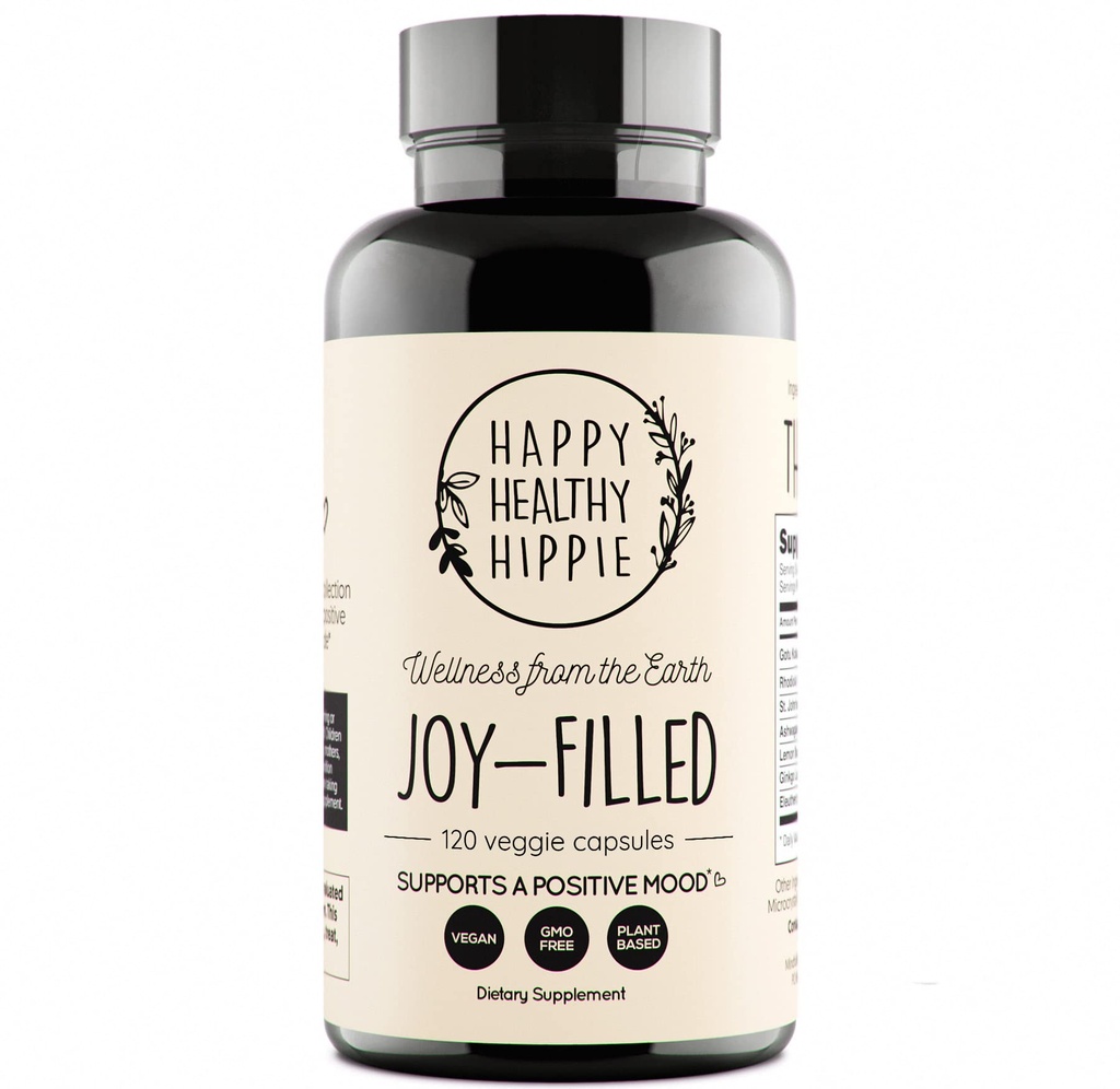 Joy-fyllt Mood Support Supplement - 7 Herb Complex w/St. Johns Worts (120 Ct) | Stress Relief Supplement med Rhodiola Rosea, Eleuthero | Hjelper beroligende sinnet og kroppen | 100% Plant-baserte lykkelige piller