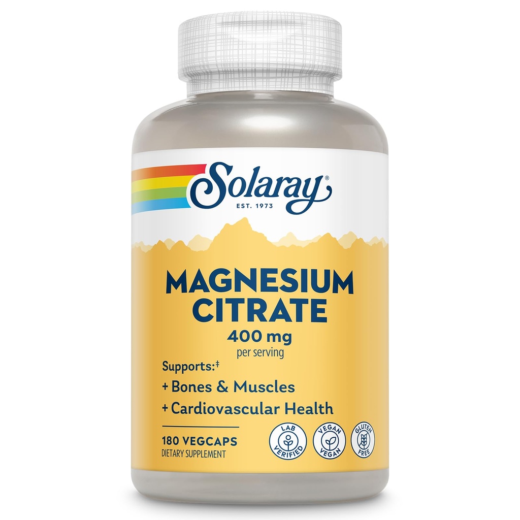 SOLARAY Magnesium Citrat 400mg - Magnesium Supplement - Bone Helse, Muskel, Relaxation og hjertehelse Support - Forbedret absorpsjon, Vegan, Glutenfri, 60-dagers garanti, 60 Serveringer, 180 VegCaps