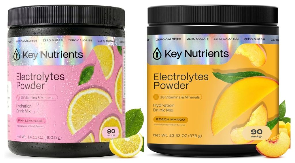 KEY NUTRIENTS Ultimate Hydration & Recovery Electrolyte Bundle - Tropisk Peach Mango & fersk rosa sitronade, sukkerfri, 90 serveringer hver