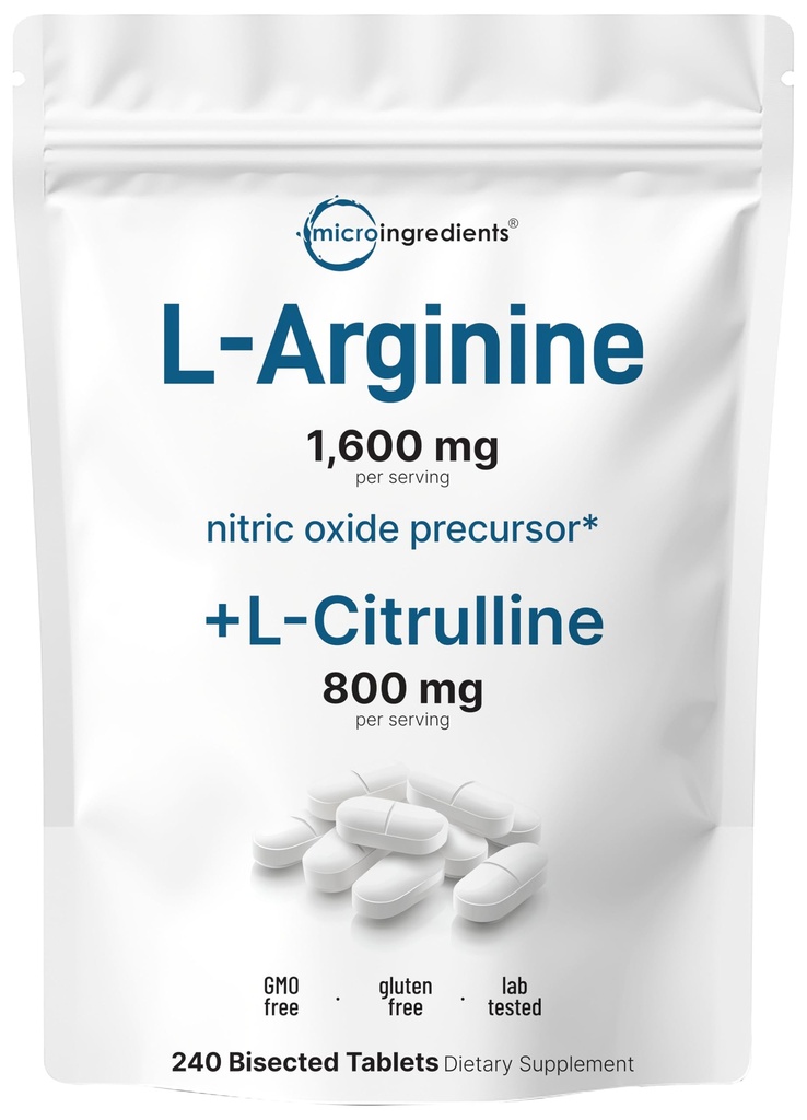 L-Arginine 1.600mg Nitric Oxid Supplement for menn med L-Citrullin, 240 bisekterte tabletter | Nitric Oxid Precursor | Muskel, Energi, og hjerte støtte | Ikke-GMO, Glutenfri - 4 måneders forsyning