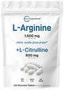L-Arginine 1.600mg Nitric Oxid Supplement for menn med L-Citrullin, 240 bisekterte tabletter | Nitric Oxid Precursor | Muskel, Energi, og hjerte støtte | Ikke-GMO, Glutenfri - 4 måneders forsyning