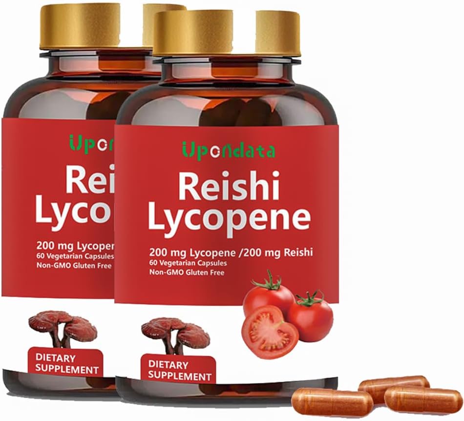 Lycopenkapsler, Naturlig Lycopen 200 mg med organisk Reishi Mushroom 200 mg Supplement for prostata helse og immunstøtte - Glutenfri, ikke-GMO, 60 kapsler (2 pakke)