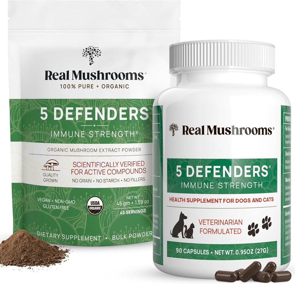 Ekte Mushrooms 5 Defenders for mennesker (45g) & Kjæledyr (90ct) - Pouch & Capsules Bundle - Chaga, Shiitake, Maitake, Tyrkia Tail & Reishi Mushroom - for immunstyrke og samlet velvære - Vegansk, ikke-GMO
