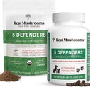 Ekte Mushrooms 5 Defenders for mennesker (45g) & Kjæledyr (90ct) - Pouch & Capsules Bundle - Chaga, Shiitake, Maitake, Tyrkia Tail & Reishi Mushroom - for immunstyrke og samlet velvære - Vegansk, ikke-GMO