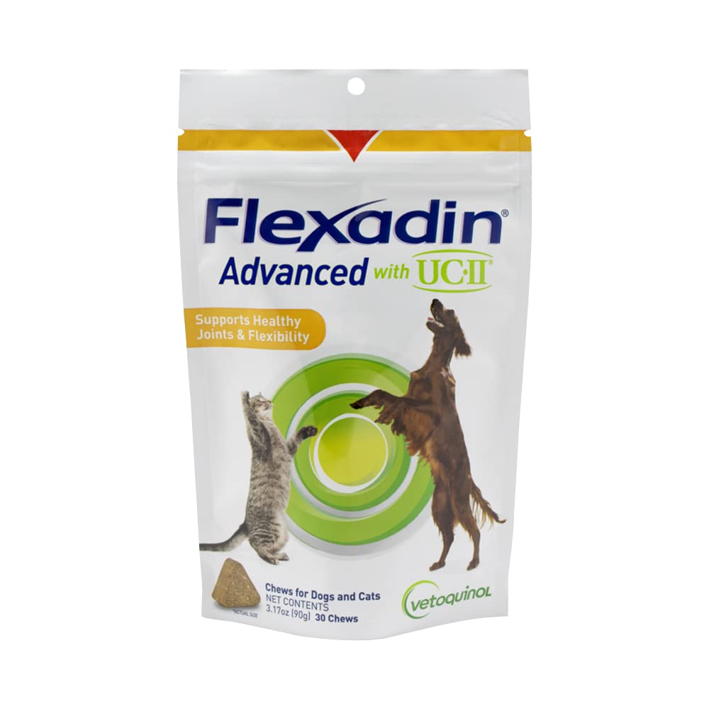 Vetoquinol Flexadin Advanced Hund Hip og felles kosttilskudd med usedaturert kollagen, en Chew en dag Hip og felles støtte Chew for hunder og katter, klinisk bevist Vet-godkjent formel, 30 Chews