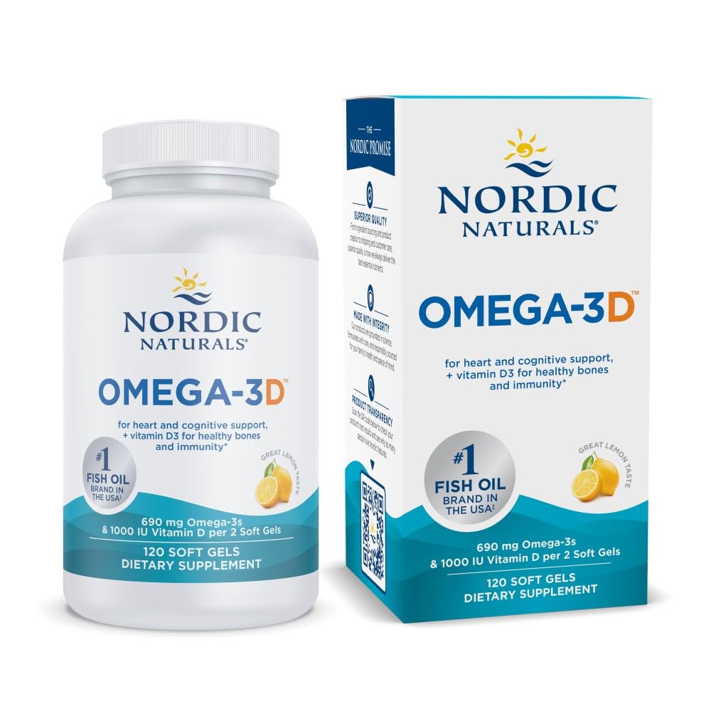 Nordic Naturals Omega-3D, Lemon Flavor - 120 Soft Gels - 690 mg Omega-3 + 1000 IE Vitamin D3 - Fiskeolje - EPA & DHA - Immunstøtte, Hjerne og hjertehelse, Sunn Bones - Ikke-GMO - 60 Serveringer