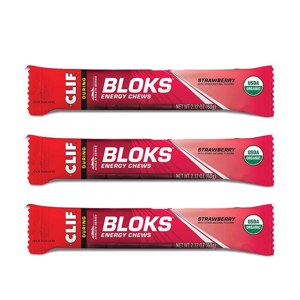 CLIF BLOKS - Energi Chews - Strawberry-Non-GMO - Plant Based Food - Rask drivstoff for sykling og løpsarbeid Snack (2,1 Ounce Packet, 3 Count)