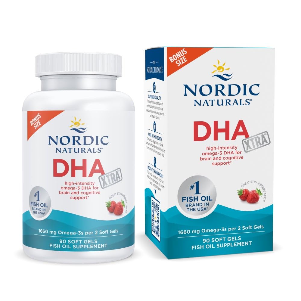 Nordic Naturals DHA Xtra, Strawberry - 90 Soft Gels - 1660 mg Omega-3 - høy intensitet DHA Formula for hjerne- og nervesystemstøtte - Ikke-GMO - 45 Services