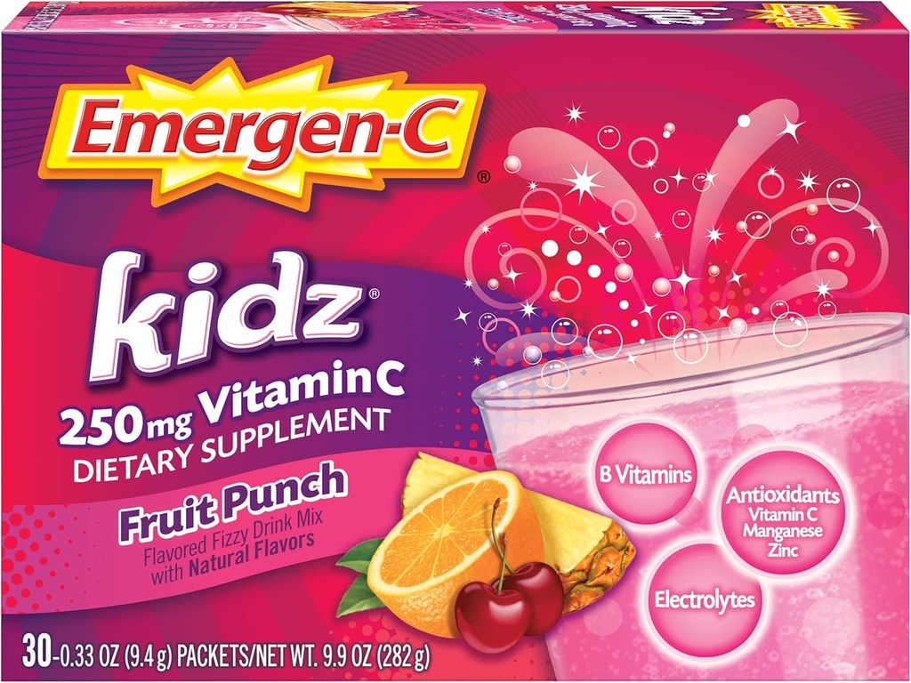 Emergen-C Kidz 250mg Kids vitamin C pulver, koffein gratis, immun støtte drikke blanding, frukt Punch Flavor - 30 greve / 1 måneds forsyning