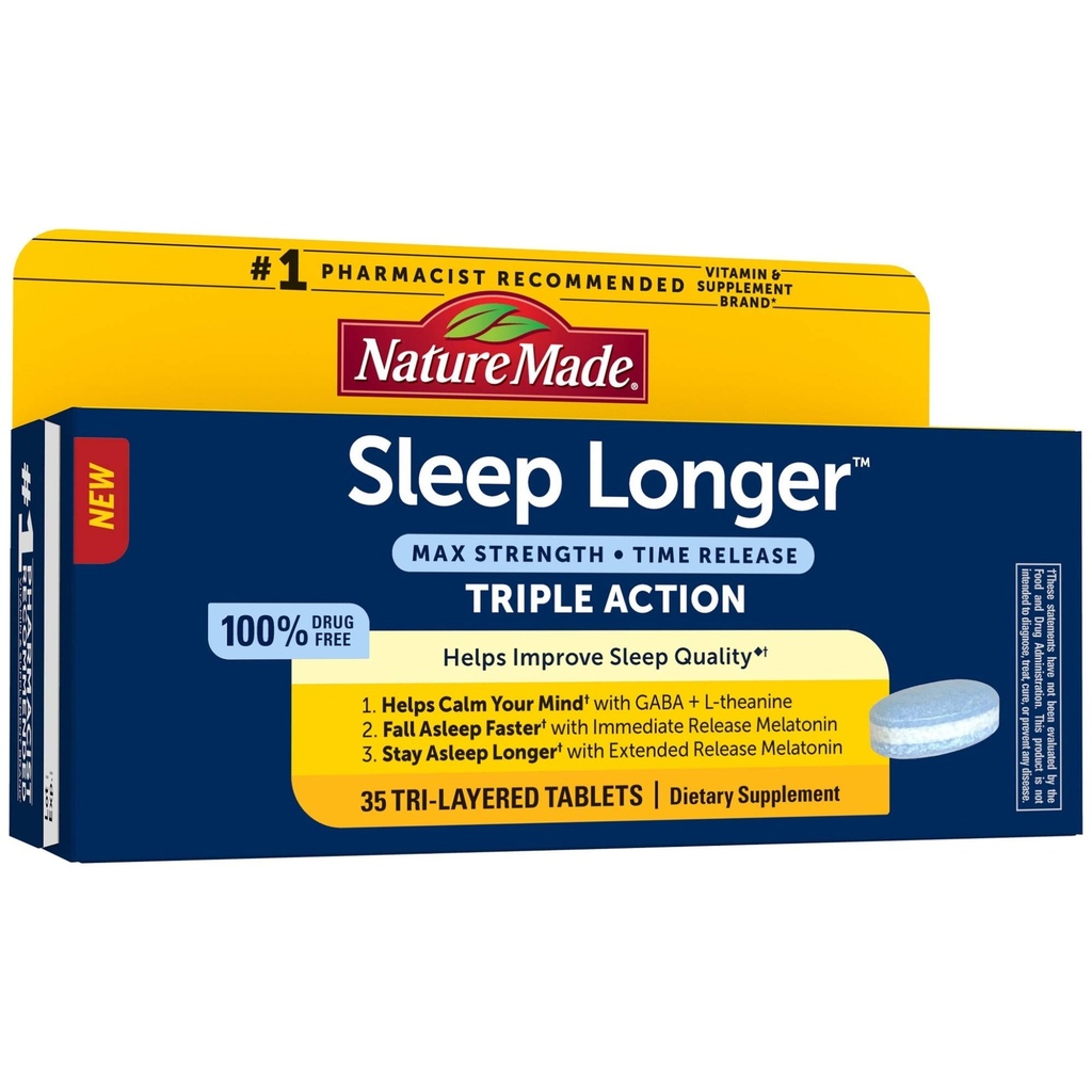 Nature Made Sleep Longer, Melatonin 10mg Time Release Tri-Layer Tabletter, bidrar til å forbedre søvnkvaliteten, faller søvn raskere, holde seg i søvn lenger, L-Theanine og GABA for å hjelpe deg å slappe av sinnet, 35 tabletter