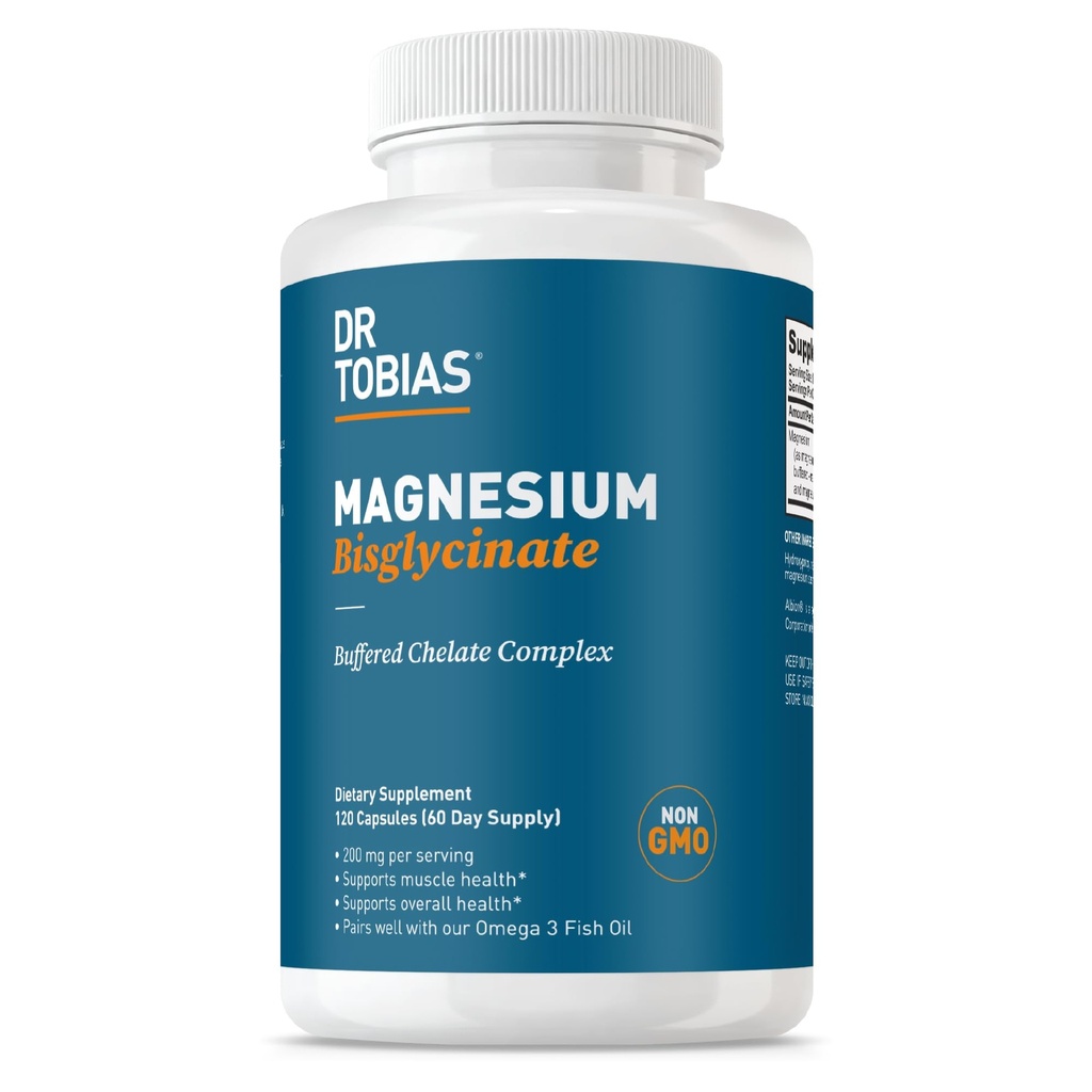 Dr. Tobias Magnesium Bisglycinat, høy absorpsjon Magnesium Buffered Chelate Complex, 200 mg per kapsel, støtter energi, muskler, bein og felles helse, ikke-GMO Magnesium Supplement, 120 kapsler