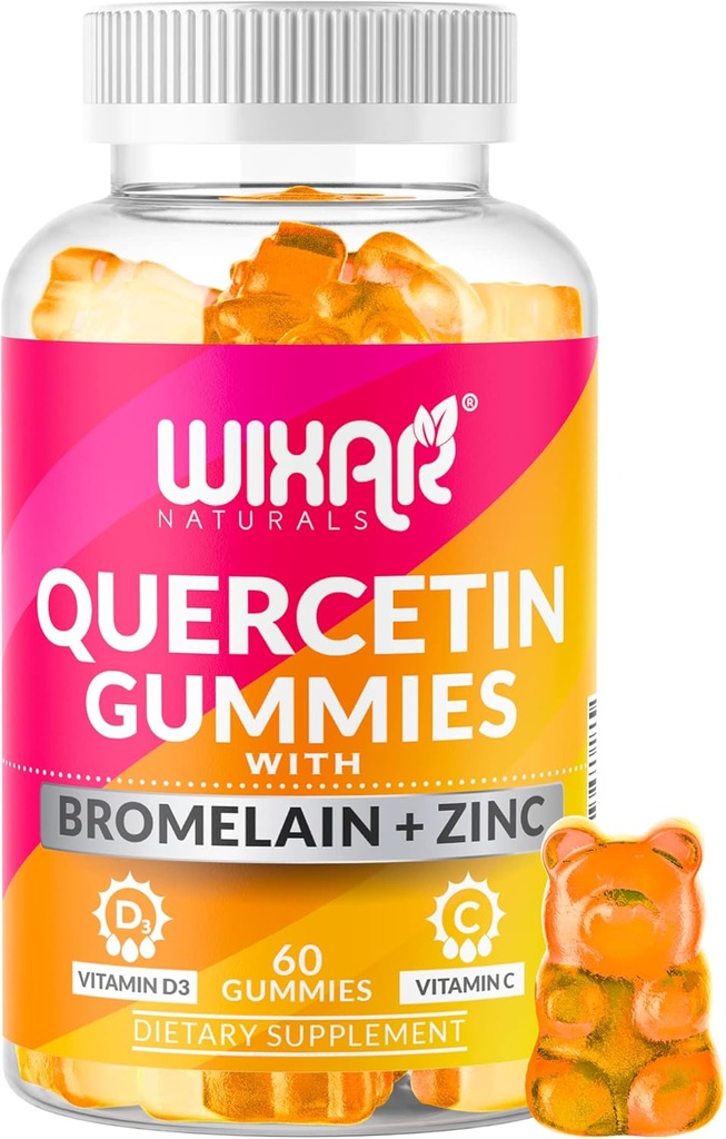 Quercetin Gummies - Quercetin 500mg med Bromelain, sink, vitamin C&D3 - Quercetin Gummy Kosttilskudd for immunstøtte og allergi - immunforsvar Booster vitaminer Supplement - 60 Chewable