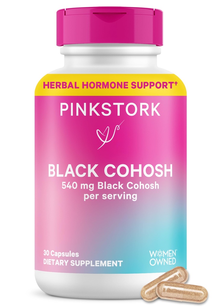 Pink Stork Black Cohosh kosttilskudd for kvinner - 540 mg ren svart cohosh for Perimenopause, Menopause støtte- 30 kapsler