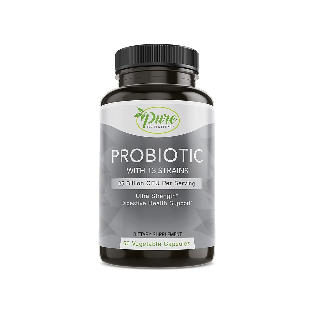 Pure By Nature Probiotika for kvinner og menn, 13 Strains med 25 milliarder CFU, Probiotika for Digestive Helse, Gut helse, immunstøtte, Bloating & Helsemiddel, Vegan & Holdestabil, 60 kapsler