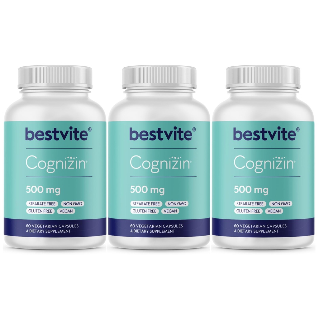 BESTVITE Cognizin Citicolin 500 mg (180 vegetariske kapsler) (60x3) - klinisk studerte Premium Choline Nootropic - Ingen stearates - Vegan - Glutenfri - Brain Supplements for minne og fokus