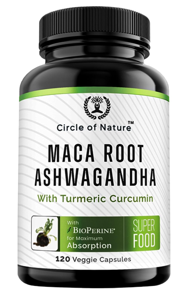 Maca Root, Ashwagandha Root Extract, kapsler for menn og kvinner med gurkemeie curcumin og bioperine 120 kapsler laget i USA