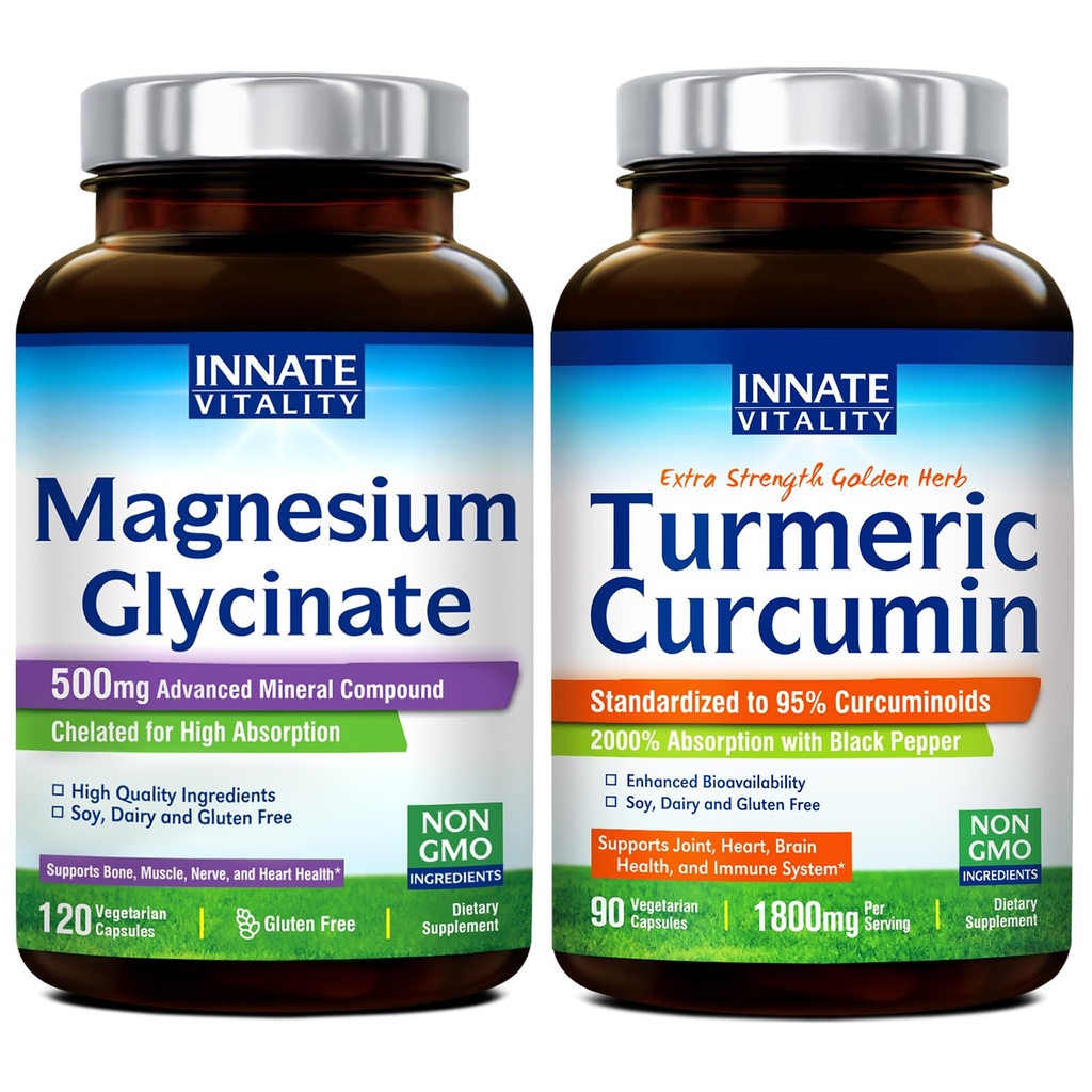 Innfødt vitalitet Magnesium Glycinat & Turmeric Bundle, høy absorpsjon, felles, Muskel & Nerve Helse, Svart Pepper Extract, Bundle & Lagre, 120 Kapsler & 90 Kapsel