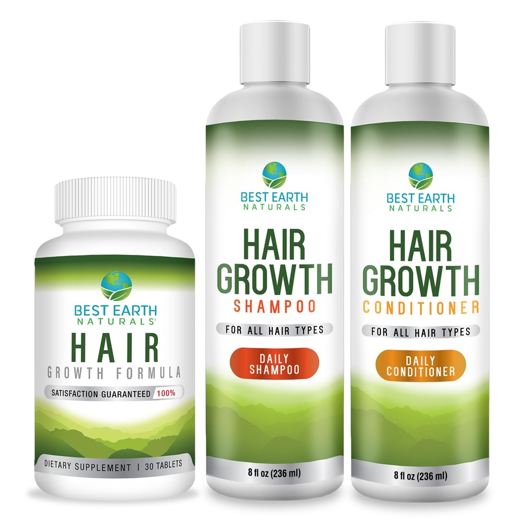 Beste jord Naturals hårvekst starter sett med hårvekstvitaminer, sjampo og balsam