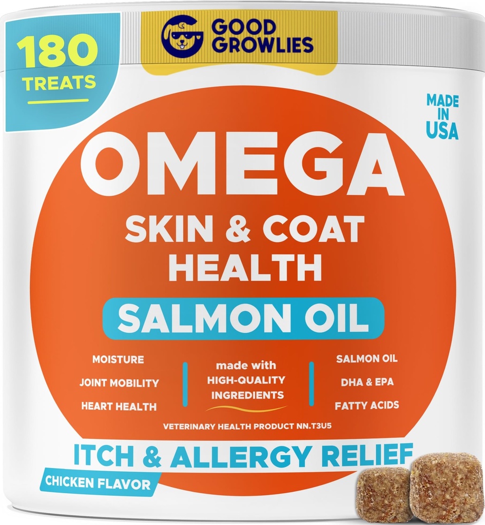 Omega 3 Fiskeolje for hund (180 Ct) - Hud og Coat Chews - Tørr og kløende hud relief + Allergi støtte - Shiny Coats - EPA & DHA fettsyrer - Natural Salmonolje Chews fremmer hjerte, Hip & felles støtte