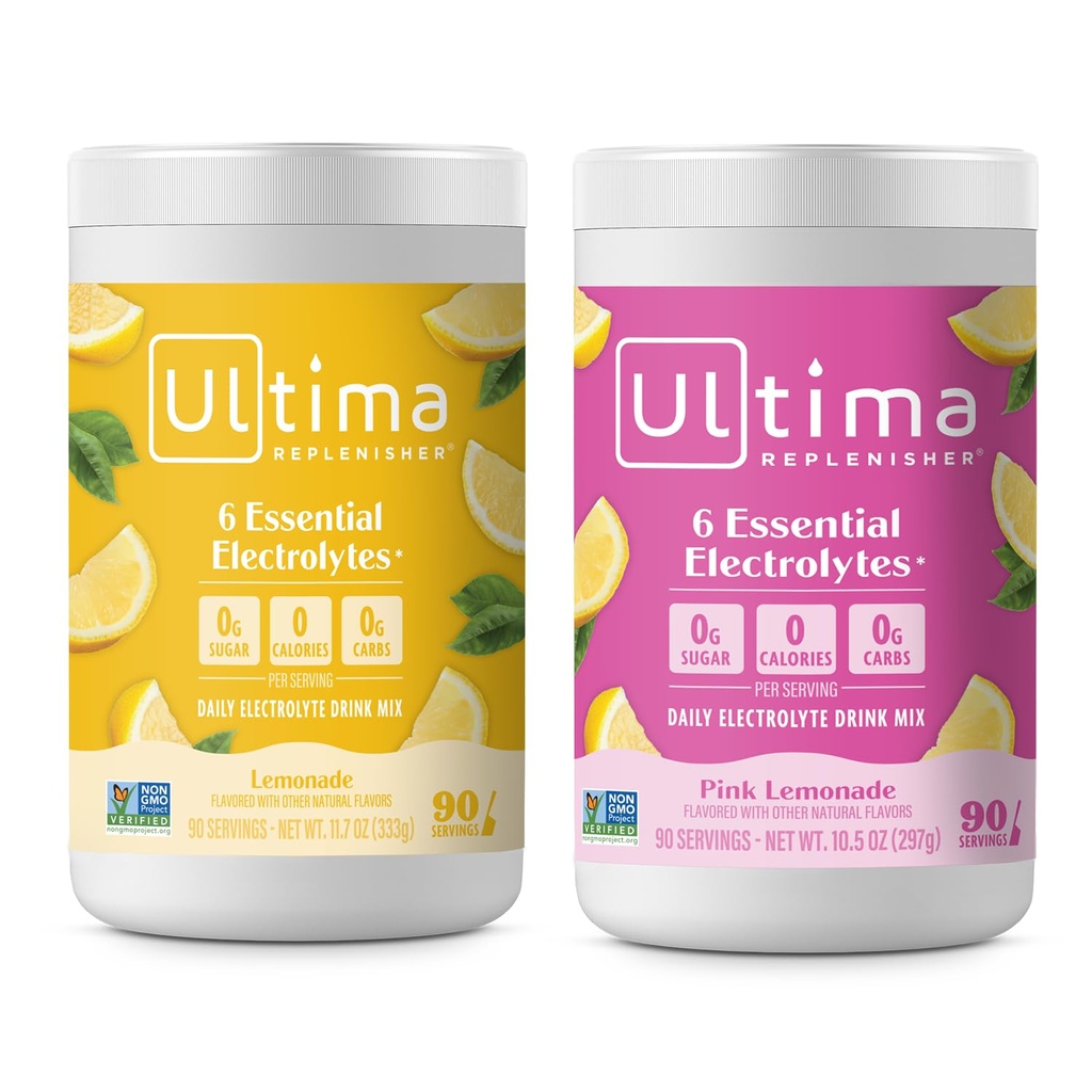 Ultima Replenisher Electrolyte Powder Drink Mix Bundle – Sukkerfri – Lemonade og rosa sitronade, 90 Serveringer– Hydration Powder - 6 Nøkkelelektrolytter og spormineraler – Keto vennlige, ikke-GMO