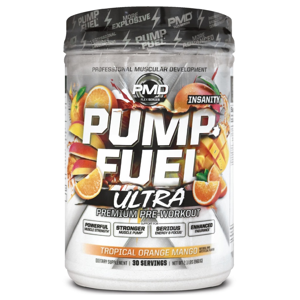 PMD Sports Pump Drivstoff Ultra Insanity - Premium pre trening pulver & muskelpumpe, større fokus, utholdenhet og gjenoppretting, Premium Creatine, Arginine & Beta Alanine, Tropisk oransje mango (30 Serveringer)