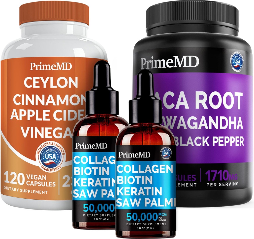 5-i-1 Ceylon kanel (120ct), 4-i-1 Biotin kollagen keratin så Palmetto (2 fl oz - 2 Pack) & 6-i-1 Maca rot Ashwagandha (120ct) bunke - energi, humør, hår, hud og immunstøtte Supplement