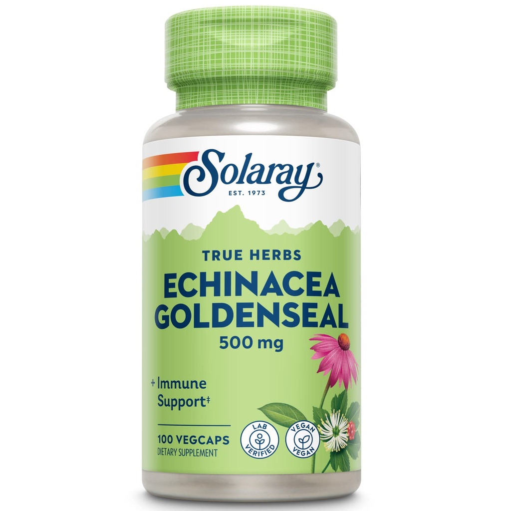 SOLARAY Echinacea Goldenseal - Kraftig blanding av to herbal kosttilskudd for wellness støtte - 250 mg Ea Echinacea Root og Goldenseal Root - Ikke GMO, Vegansk, Glutenfri, 60-dagers garanti, 100 serveringer