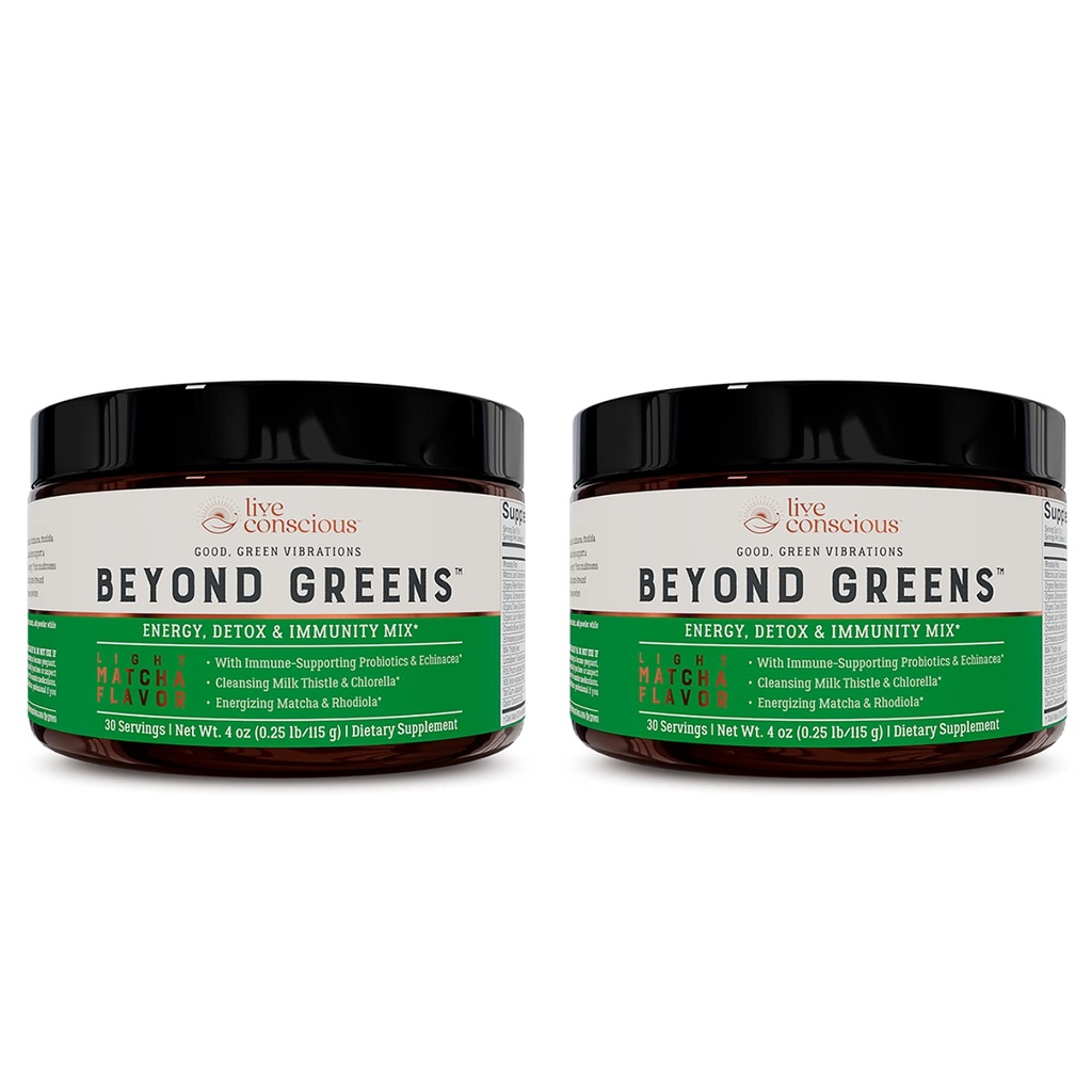 Live Conscious Beyond Greens Konsentrert Superfood Powder - Matcha Flavor w/Chlorella, Echinacea, Probiotika for immunstøtte og energi - 30 Services (2-Pack)