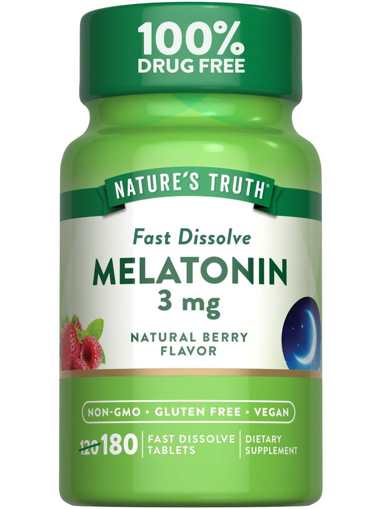 Naturens sannhet Melatonin 3 mg raske oppløsningstabletter | 180 greve | Naturlig Berry Flavor | Vegansk, ikke-GMO & Glutenfri kosttilskudd