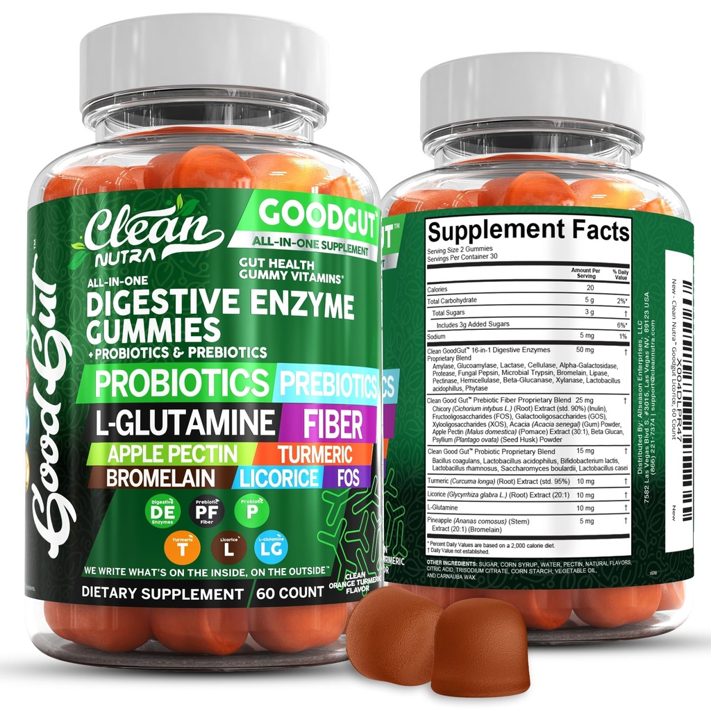 Rene Nutraceuticals Digestive Enzymer med Probiotika og Prebiotika for Digestive Helse Gummies & L-Glutamin for Gut Helse Bromelain Apple Pectin Inulin FOS Plant Basert Vegansk Gummy vitaminer