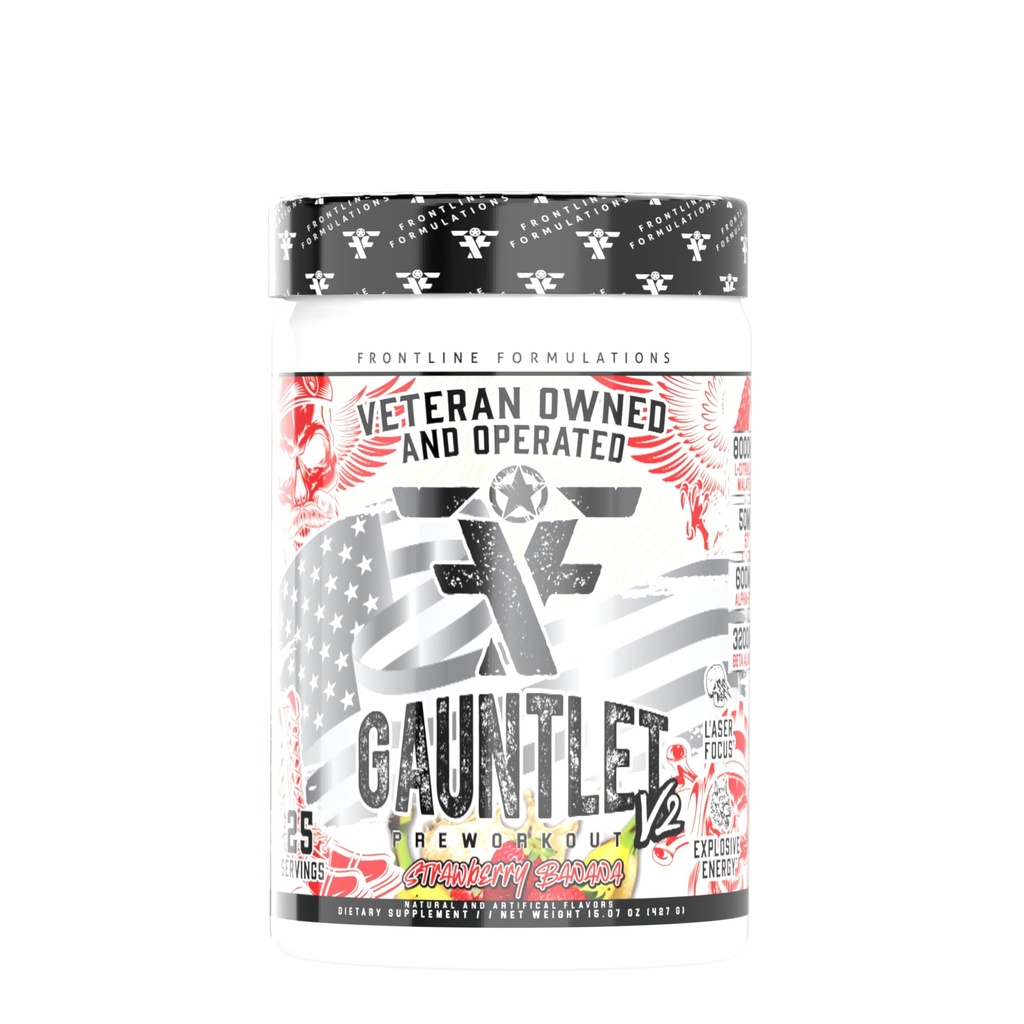 Gauntlet Pre-Workout pulver, Eksplosive Workouts, Laser Focus, Mid Stim, Amazing Flavor, Veteran eid og operert, Emballasje May Vary (25 Serveringer, Strawberry Banana)