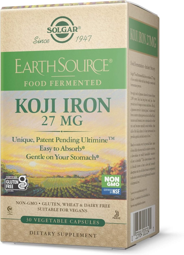 Solgar Earth Source Food Fermented Koji Iron 27mg, 30 Grønnsaker Capsules - høyere absorpsjon, langsom-enkelt jern - Gentle on The Magach - Ikke-GMO, Vegansk, Glutenfri, Dairy Free, Kosher - 30 Services