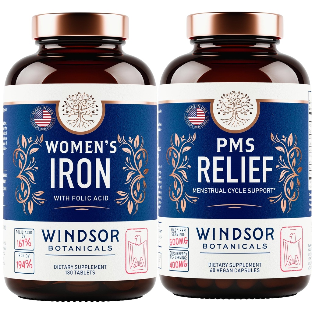 WINDSOR BOTANICALS Jern Supplement og PMS Relief Bundle for kvinner
