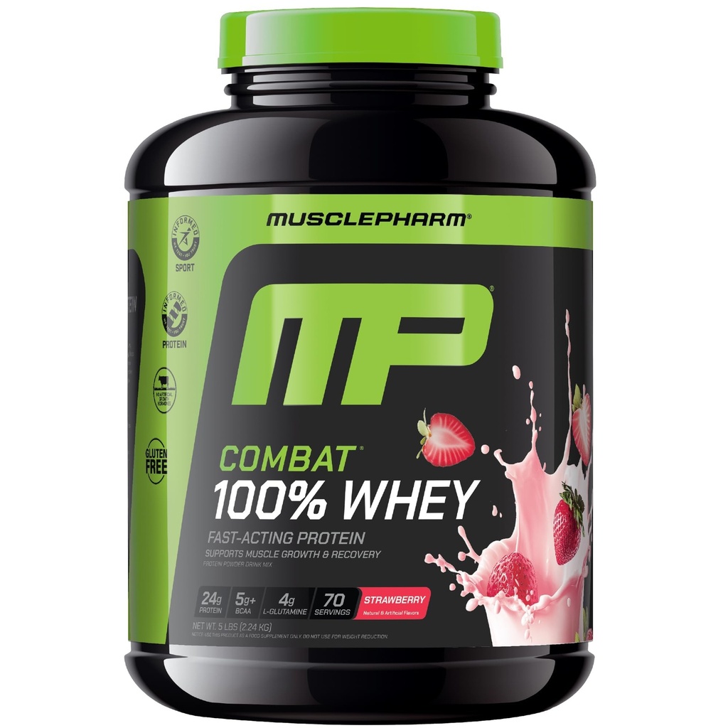 MusclePharm Combat 100% Whey Protein pulver, Strawberry Cream Flavor, Rask utvinning og muskel gevinst med Whey Protein Isolat, høyprotein pulver for kvinner og menn, Glutenfri, 5 lb, 70 Serveringer