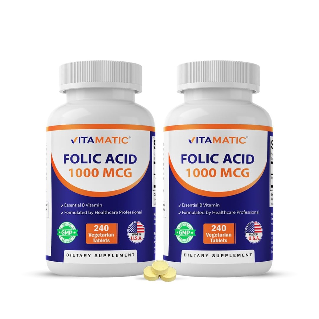 Vitamatic folic syre 1000 mcg (1 mg) – 240 vegetariske tabletter (pakke på 2) 1667 mcg DFE – vitamin B9 for prenatal, hjerte og cellular helse