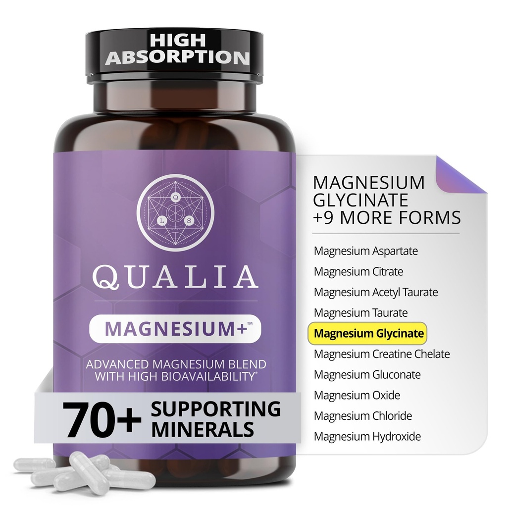 Qualia Magnesium+ | Doktorformulert. Premium Formula | Høy biotilgjengelighet | 10 Former av magnesium og 70+ Mineraler | Avslappet Mood, hvilefull søvn, og trening gjenoppretting