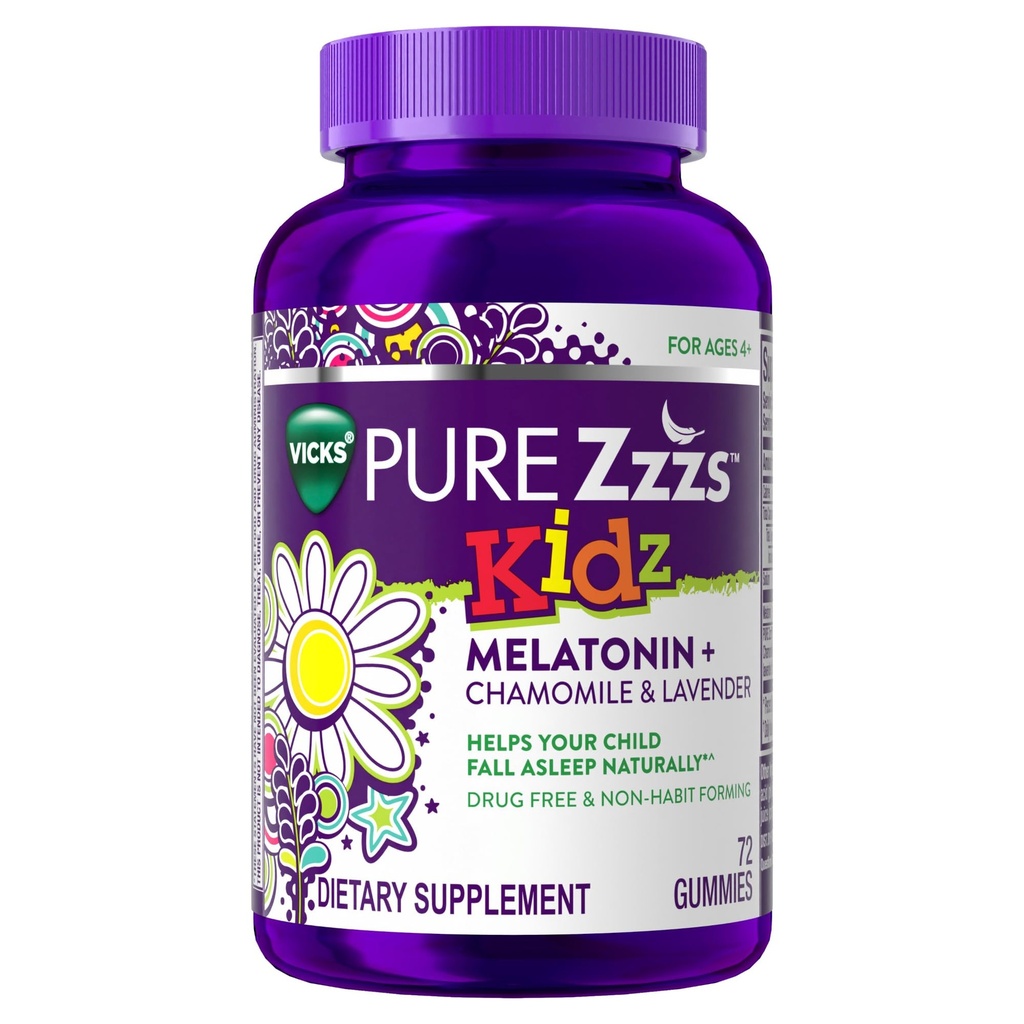 PURE Zzzs Kidz, Kids Melatonin Gummy, søvnhjelp, lavt antall Melatonin for barn, med kamille og lavendel, Melatonin 1 mg, Melatonin Gummies Kids, Berry Flavored, 72 søvn Gummies