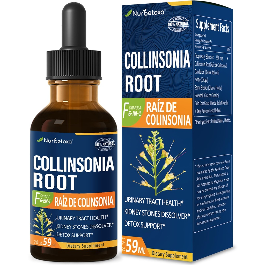 Collinsonia (Stone Root) Drops for urinbåndstrakt helse, naturlig herbal formel Supplement m/Stone Breaker Chanca Piedra Extract støtte Njursteiner Oppløser & Detox Cleanse. 2oz