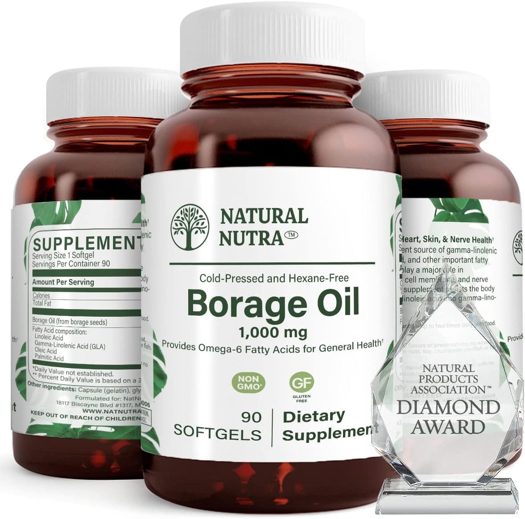Naturlig boreolje Supplement – rik på gamma-linolensyre (GLA), en Potent Omega-6 essensiell fettsyre som er kjent for å støtte huden, nerve og felles helse 90 Softgels.