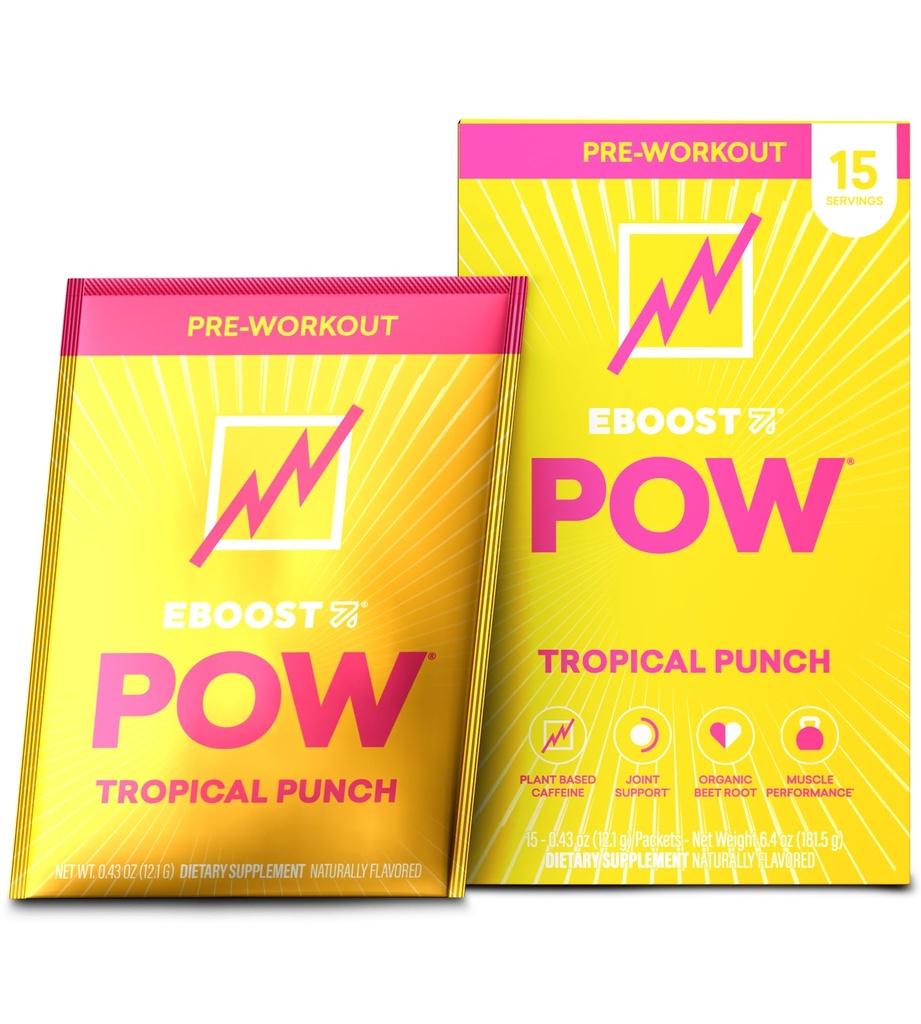 EBOOST POW Natural Pre Workout pulver - 15 pakker, Tropical Punch - Preworkout Energi Booster Gym Supplement Drink Mix for menn og kvinner - Ytelse, Joint Mobility Support - Glutenfri