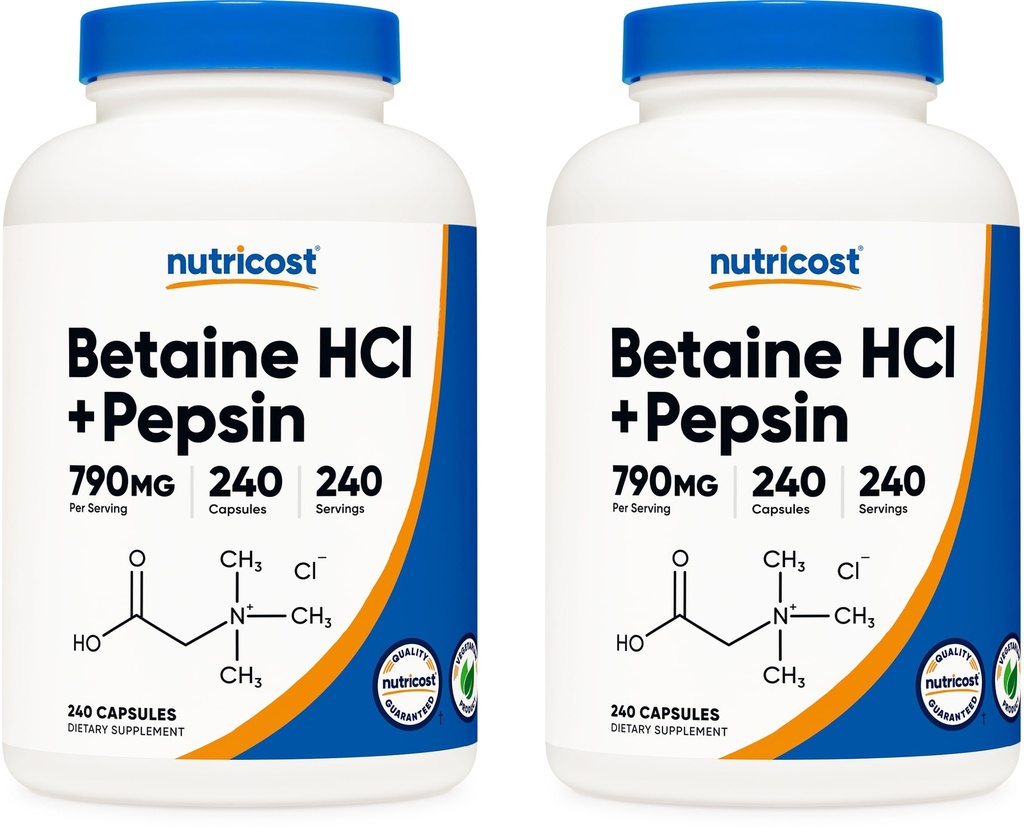 Nutricost Betaine HCl + Pepsin 790mg, 240 kapsler, 2 flasker (480 kapsler)