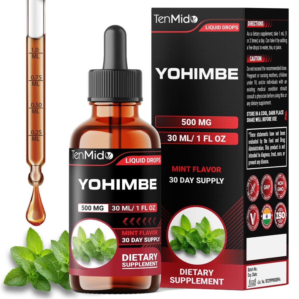 Yohimbe kosttilskudd for menn og kvinner - Yohimbine 10mg flytende drops | alkoholfri, vegansk, ikke-GMO - 30ml 1 fl OZ