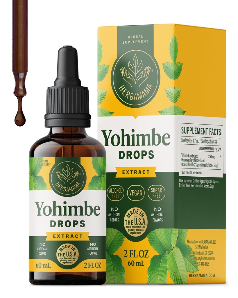 HERBAMAMA Yohimbe Kosttilskudd for menn og kvinner - Vegansk støtte med Yohimbe Bark Extract - Ikke-GMO, alkohol og sukkerfri Yohimbine Drops, 42-dagers forsyning