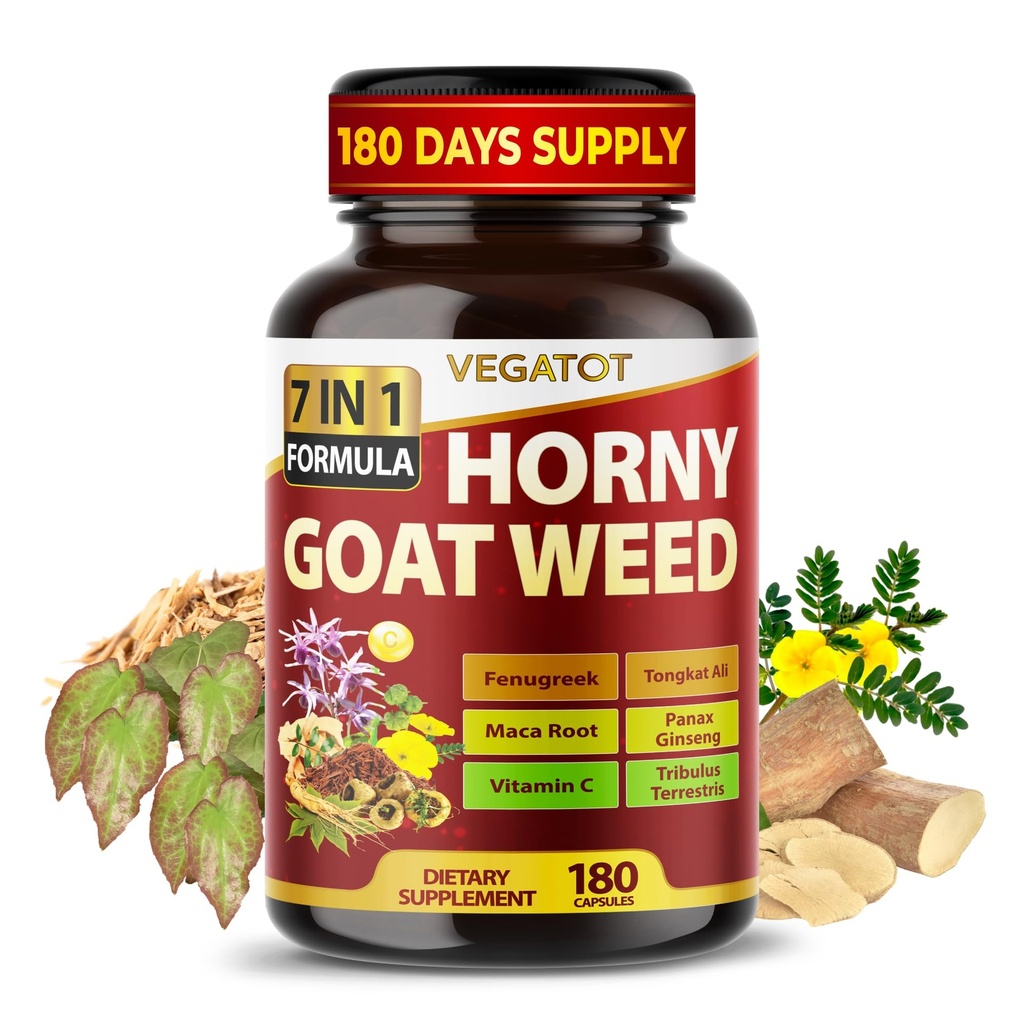 Horny Goat Weed 600 mg med Yohimbine, Tongkat Ali, Maca, Tribulus og Panax Ginseng – 8-i-1 Styrke og Vitality Support – 180 Kapsler – Veganott – Glutenfri, Lab Verifisert