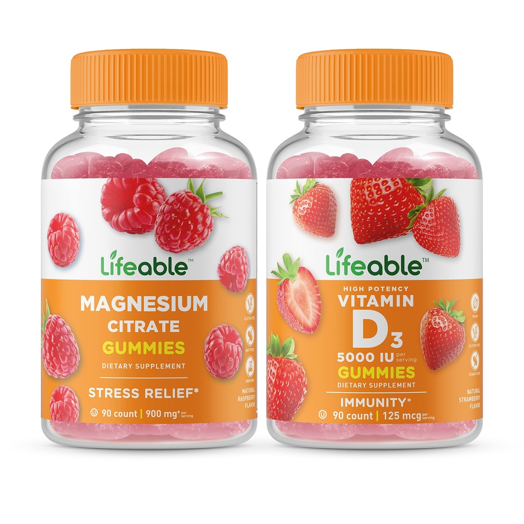 Livbar Magnesium + Vitamin D 5000 IE, Gummies Bundle - Great Tasting, Vitamin Supplement, Glutenfri, GMO Gratis, Chewable Gummy